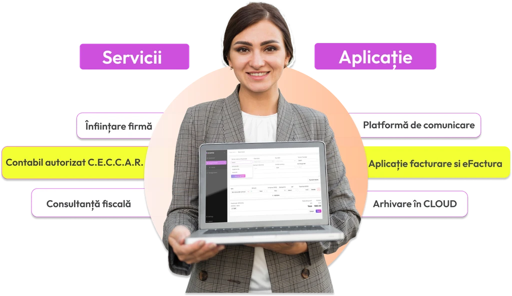 Grafică demonstrativă a soluțiilor complete de contabilitate digitală oferite de eConta, incluzând înființare firme, consultanță fiscală și servicii contabile online pentru o gestionare financiară eficientă și fără griji.